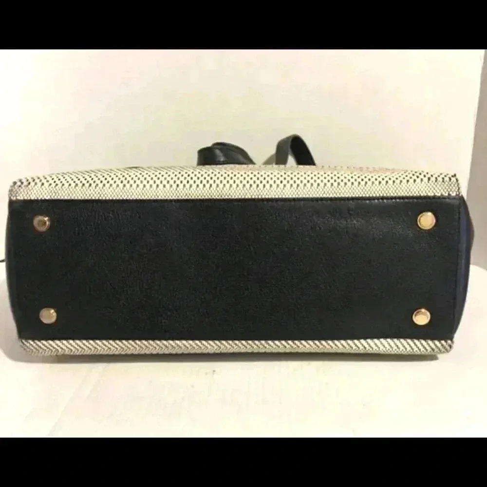 Bendel Bendel black leather beige woven satchel handbag